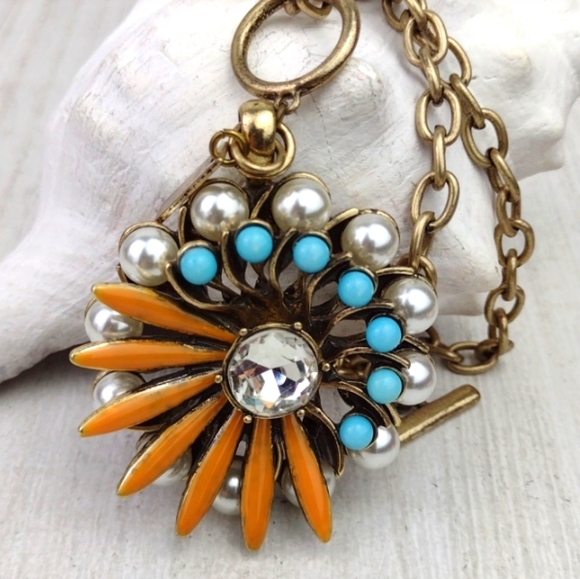 Cookie Lee Faux Pearl Turquoise & Coral Flower Pendant Choker Necklace - Picture 15 of 15